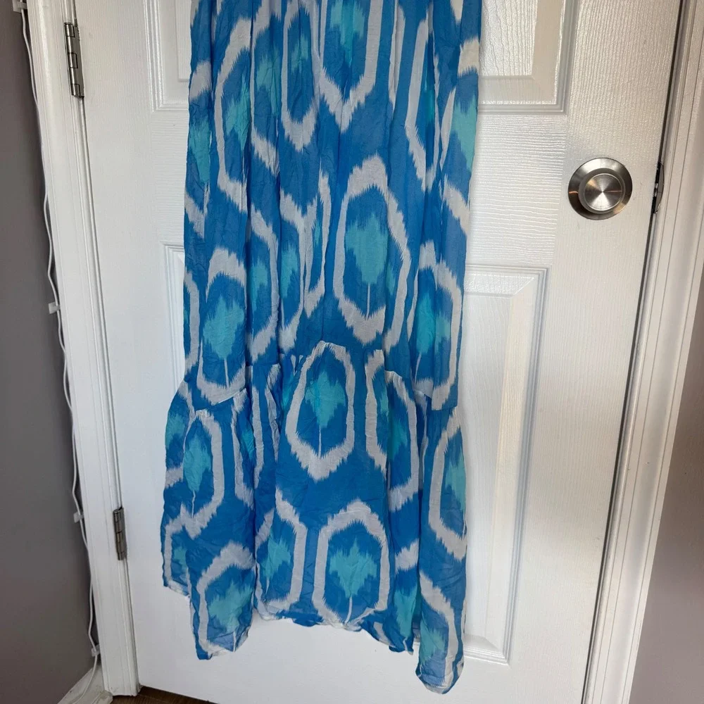 OLIPHANT  Blue White Ruffle V-Neck Maxi Dress Sleeveless Tiered Cotton M - Picture 4 of 8